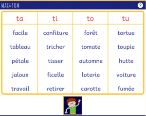 Jeu en ligne pour apprendre à lire - Je trouve des mots contenant la syllabe en t