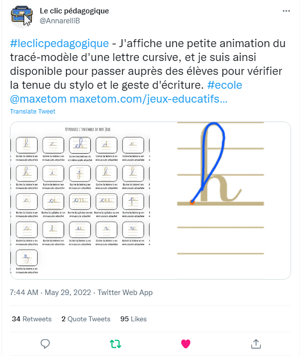 Tweet - #leclicpedagogique - J'affiche une petite animation du tracé-modèle d'une lettre cursive, et je suis ainsi disponible pour passer auprès des élèves pour vérifier la tenue du stylo et le geste d'écriture